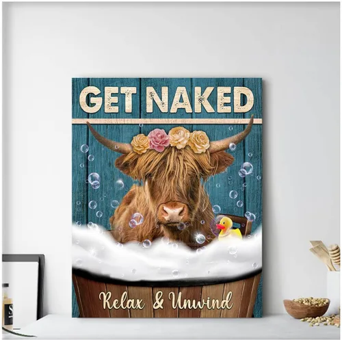 Vista 2 de Divertido arte de pared de vaca de las tierras altas en la bañera, lienzo con imagen de vaca en el baño, impresiones de animales para baño