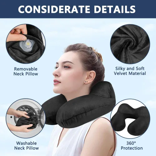 Vista 3 de flintronic Almohada inflable de viaje, almohada inflable de viaje para avión, soporte de cuello de terciopelo suave, almohada ergonómica ligera