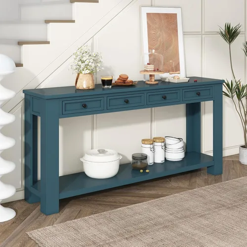 Vista 25 de JIVOIT Mesa consola rústica y elegante, mesa de consola rectangular de madera con cajones de almacenamiento y estante inferior para entrada Blanco