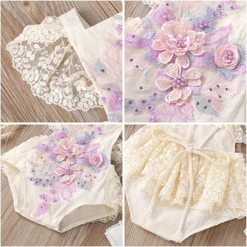 Vista 6 de IDOPIP Conjunto de ropa de 1er cumpleaños para niñas con estampado floral, estilo bohemio, con encaje, tutú y diadema de princesa