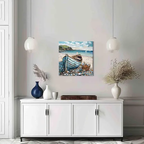 Vista 7 de Decoración de baño, arte de pared de playa, tema oceánico, imagen azul, impresión en lienzo, obra de arte costera moderna, enmarcada para colgar