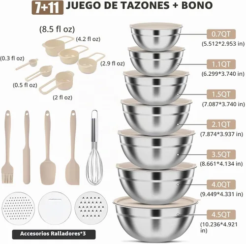 Vista 3 de Juego de tazones para mezclar de acero inoxidable con tapas y 3 accesorios Caqui