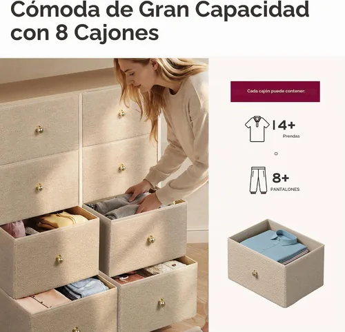 Vista 5 de WLIVE Torre de almacenamiento de tocador de 8 cajones de tela beige Bouclé para dormitorio