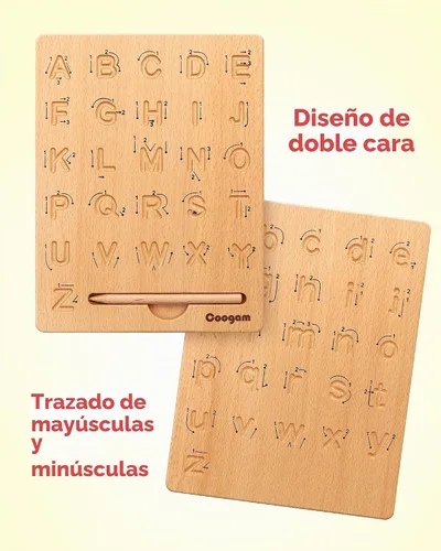 Vista 2 de Coogam Tabla de práctica de letras de madera, herramienta de rastreo del alfabeto de doble cara, herramienta de aprendizaje de escritura ABC, juego