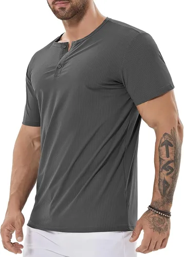 Vista 2 de Camiseta de manga corta para hombre, estilo Henley, para gimnasio, ajustada, camiseta atlética de manga corta, camiseta clásica casual