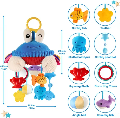 Vista 4 de Juguetes de Asiento de Carro para Bebés de 0-6 Meses, Juguete Colgante Sensorial de Cangrejo de Peluche para Cochecito, Cuna y Gimnasio de Juego