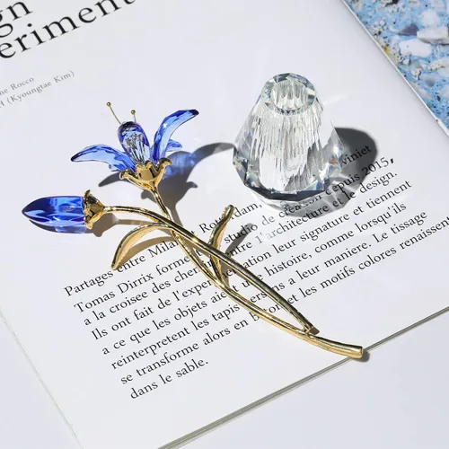 Vista 2 de Ornalrist Flores de lirio de tigre de cristal con jarrón, tallo de metal, flor de lirio azul, regalos coleccionables para mujeres, figuras florales