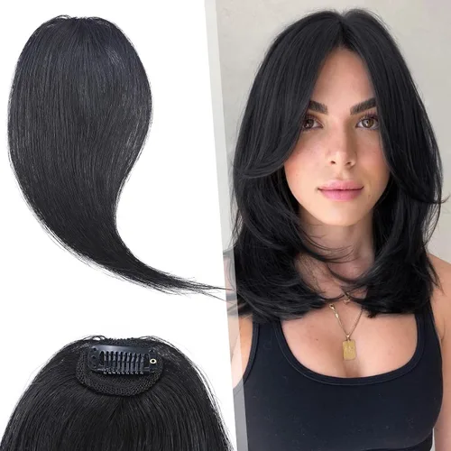Vista 7 de Hairro Extensiones de flequillo lateral ondulado con clip, 100% cabello humano, 2 piezas con clip en la parte media, flequillo francés, lados