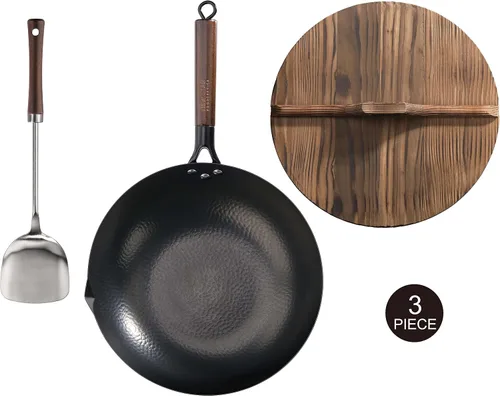 Vista 2 de New Star Foodservice 1029154 Acero al carbono martillado a mano, acero al carbono Wok antiadherente, incluye fondo redondo de 12.7 pulgadas, tapa