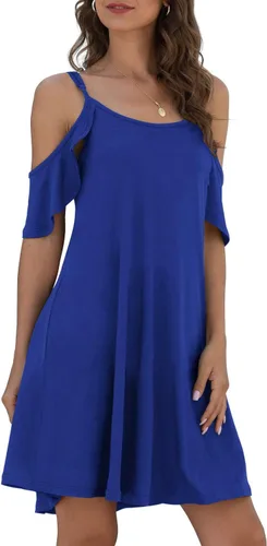 Vista 3 de Jouica Vestido de verano casual con tirantes delgados para mujer, hombros descubiertos, mangas con volantes y bolsillo