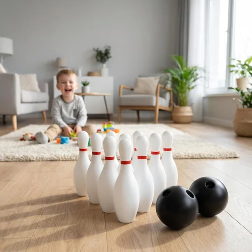Vista 5 de Kisangel Juego de bolos para niños de 12 piezas, juego deportivo de plástico para interiores y exteriores con 10 pines y 2 bolas, juguete educativo