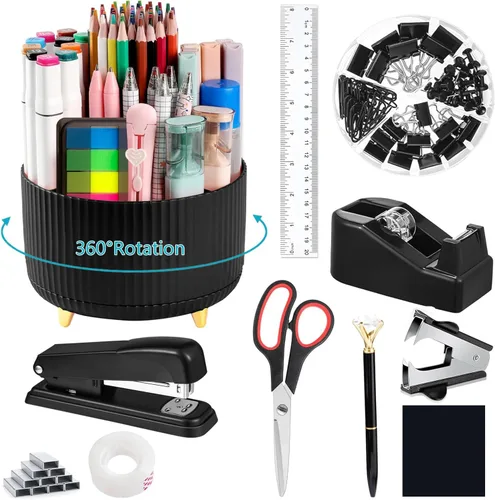 Vista 15 de Suministros de oficina, accesorios de escritorio negros, juego de suministros de oficina, juego de grapadora y dispensador de cinta, tijeras