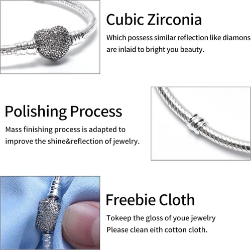 Vista 4 de WAKCTFERG Pulsera de dije para cuentas de abalorios, plata de ley 925, circonita cúbica, cierre de corazón, pulsera de cadena de serpiente