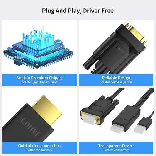 Vista 7 de HDMI a VGA, cable HDMI a VGA chapado en oro de 6 pies con alimentación USB (hombre a macho), compatible con computadora, computadora de escritorio