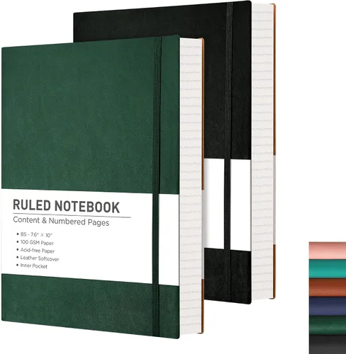 Vista 9 de RETTACY Cuaderno rayado, 2 paquetes, 204 páginas numeradas por paquete, B5 mediano 17.6 x 25 cm, tapa blanda de cuero, papel grueso de 100 g/m²