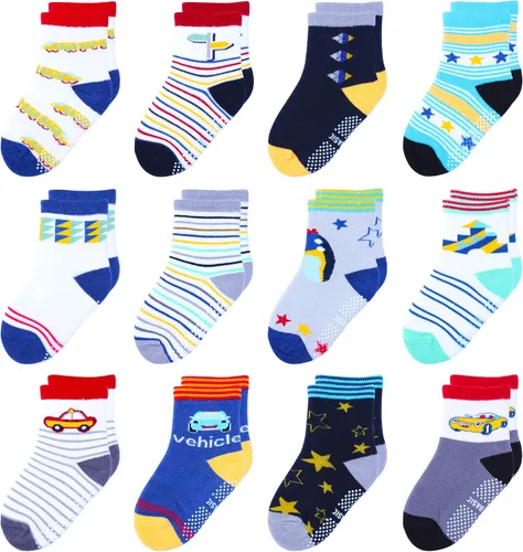 Vista 10 de 12 paquetes de calcetines antideslizantes para niños y bebés con agarre para niños de 1-7 años, calcetines de algodón de tripa para niños y niñas