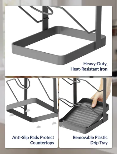 Vista 6 de NiHome Soporte para tapa de olla y soporte para cuchara con bandeja de goteo extraíble, organizador de encimera de cocina de hierro negro