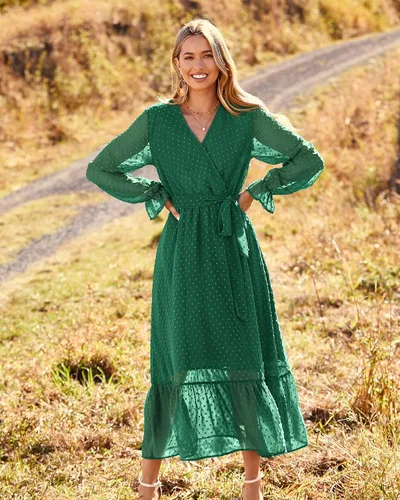Vista 6 de BTFBM - Vestidos informales para mujer de manga larga, cruzado con cuello en V, estampado floral, estilo bohemio, acampanado y plisado, vestido midi