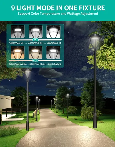 Vista 3 de Luz LED para poste superior con certificación ETL de 60 W, 48 W, 36 W, ajustable, 3 CCT, luces de poste para exteriores ajustables con fotocélula