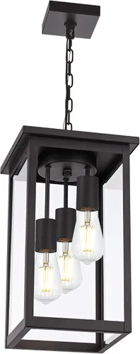 Vista 17 de TODOLUZ Lámpara colgante grande de 3 luces para exteriores, iluminación de porche colgante exterior con vidrio martillado, cadena larga ajustable