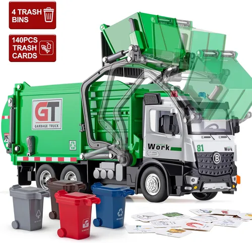 Vista 2 de HAPYAD Camiones de basura de juguete con cabina de metal, juguetes realistas de camiones de basura para niños con luces y sonidos, vehículos