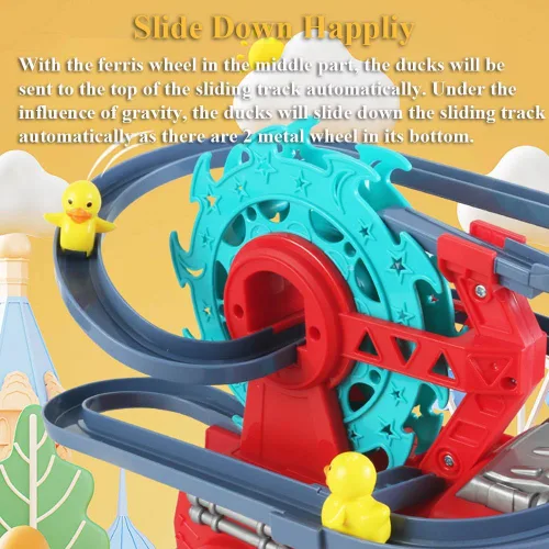 Vista 4 de Juguete deslizante de motor de bomberos 2 en 1 para niños – Juego interactivo para niños pequeños con música, luces, pista de carreras y noria
