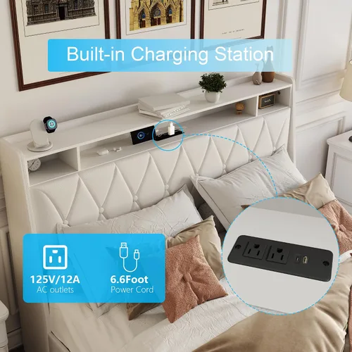 Vista 4 de Base de cama Queen con cabecera ergonómica, base de cama de plataforma tamaño Queen con tomas de corriente y cargador, marco de cama de metal