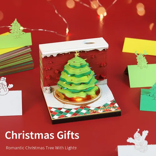 Vista 2 de Bloc de notas 3D para árbol de Navidad con luz, bloc de notas kawaii antiadherente, notas adhesivas 3D, bloc de notas de arte tridimensional
