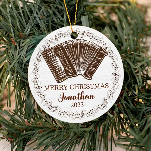 Vista 4 de Adorno de Navidad personalizado de acordeonista 2024, adornos de instrumentos musicales, adorno de acordeón, regalo para amantes de la música, texto
