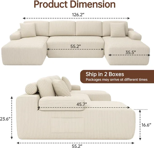 Vista 2 de DURASPACE - Sofá de nube sin huesos, sofá modular en forma de U de 126 pulgadas para sala de estar, sofá modular de asiento profundo de gran