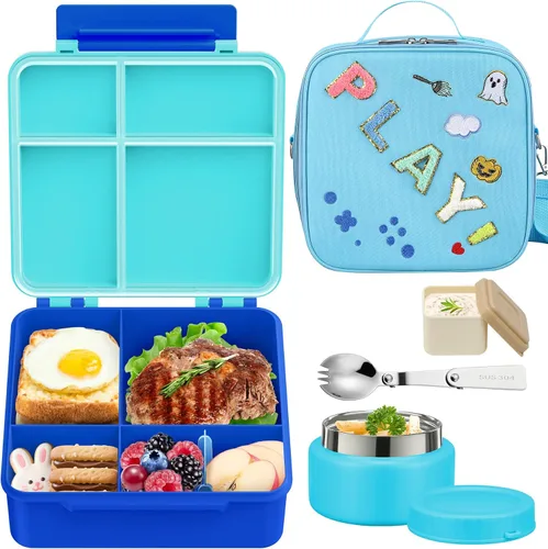 Vista 9 de Lonchera Bento para niños con termo de sopa de 9 onzas, recipientes de comida a prueba de fugas para niños con 4 compartimentos, bolsa de almuerzo