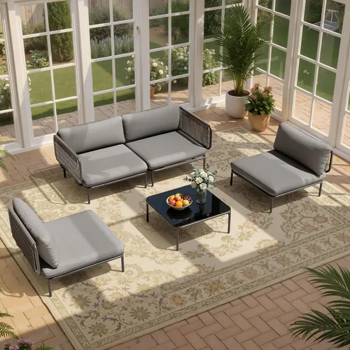 Vista 7 de Sofá modular moderno de 5 piezas para exteriores con mesa auxiliar, juego de conversación de patio de 31 pulgadas, resistente a la intemperie Gris