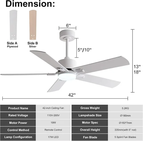 Vista 2 de Ventiladores de techo de 42 pulgadas con luces y control remoto, moderno ventilador de techo blanco con luz para dormitorio interior, 5 cuchillas