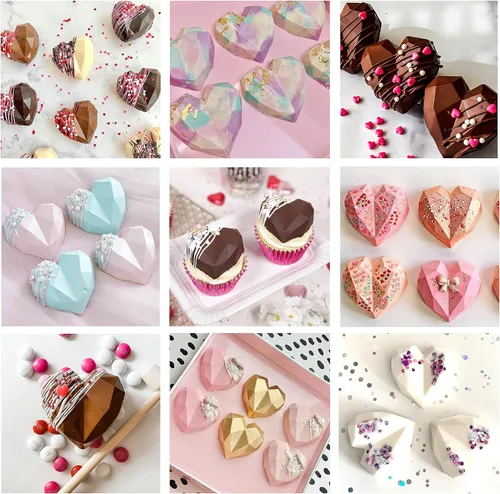 Vista 3 de Moldes de silicona con forma de corazón de diamante para hornear, 8 mini moldes de corazón rompibles para bombas de chocolate, mousse, pastel