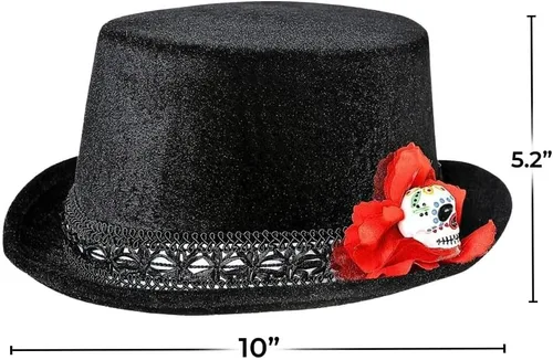Vista 3 de Disfraz de sombrero de fiesta del Día de los Muertos para adolescentes y adultos El disfraz incluye un sombrero de terciopelo negro Disfraces
