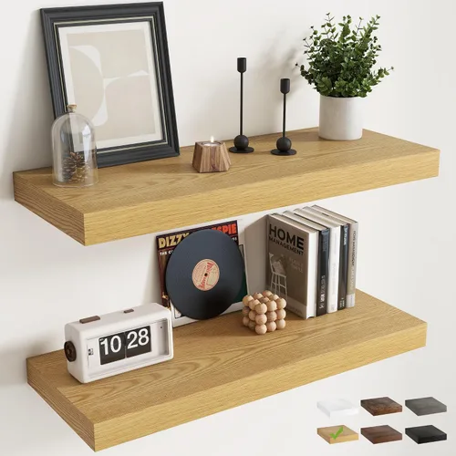 Vista 40 de Juego de 2 estantes flotantes de 16 pulgadas para pared, estantes de baño de grano de madera de 12 pulgadas de profundidad con soportes invisibles