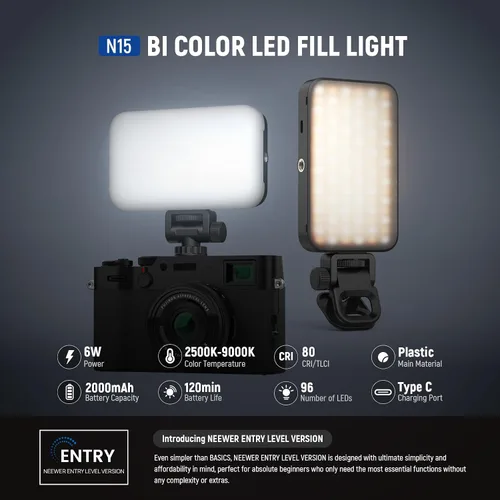 Vista 2 de NEEWER Versión de Nivel de Entrada Luz de Selfie para Teléfono para iPhone, 2500-9000K CRI80 2000mAh Recargable Luz de Clip de Plástico