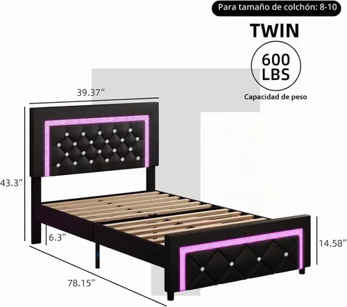 Vista 2 de BarnFurin Marco de cama Twin con luces LED, cama de plataforma tapizada con cabecera capitonada de diamante, no necesita somier, sin ruido, fácil