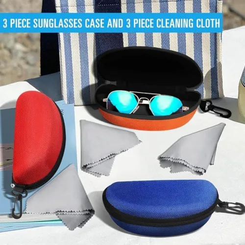 Vista 2 de Paquete de 3 fundas de gafas de sol portátil con cremallera de viaje con paño de limpieza