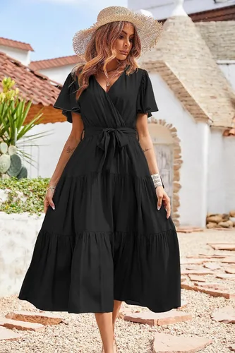 Vista 2 de PRETTYGARDEN Vestidos de verano para mujer 2023, cuello en V, manga corta, bohemio, vestido midi con lazo en la cintura, vestidos de playa