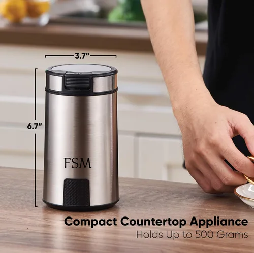 Vista 9 de FSM Molinillo de café eléctrico y molinillo de especias con sistema de bloqueo de seguridad, acero inoxidable con tapa transparente y base