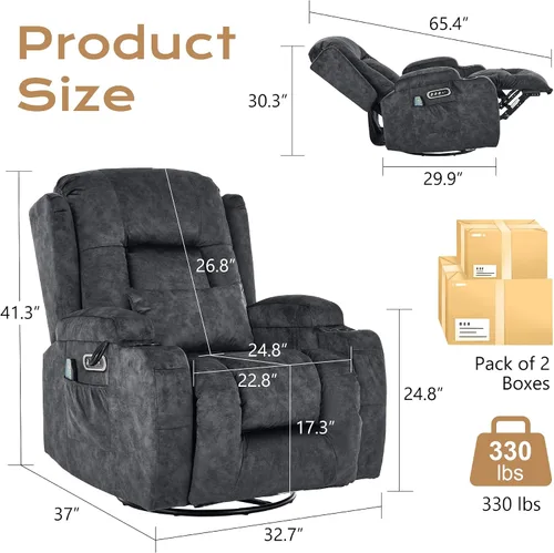 Vista 2 de URRED Silla reclinable giratoria eléctrica con vibración y calor Diseño de motor dual, posiciones infinitas, carga USB, luces LED, portavasos Gris