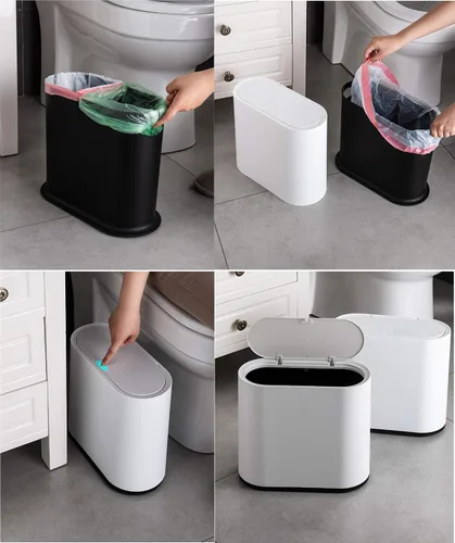Vista 3 de KLGO Basurero de plástico delgado de 10 litros con tapa, canasta de basura de doble barril de 2.4 galones, contenedor de basura rectangular