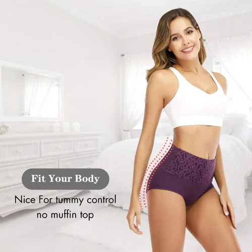 Vista 2 de Senllori Ropa interior de algodón para mujer, cintura alta, control de abdomen, bragas para mujer, talla grande, paquete múltiple
