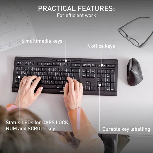 Vista 5 de Cherry Teclado Stream inalámbrico, teclado inalámbrico, conexión de 2,4 GHz, teclas silenciosas, diseño delgado, funciona con pilas, interruptores