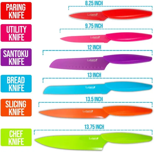 Vista 2 de Lutema Juego de cuchillos profesionales de 12 piezas con vainas, mango de diseño ergonómico (MULTICOLOR)