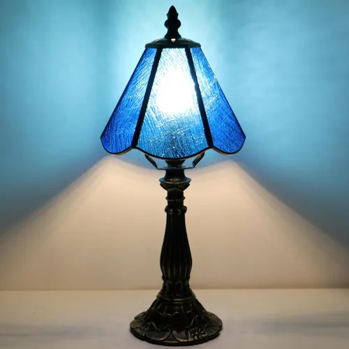 Vista 5 de Tiffany Style Table Lamp Blue Rippled Stained Glass Lamp 14 Inch Small Lamp,Desk Lamps,6X6X14 Inch,Bronze Resin Base, Antique Lamp,Mini Accent