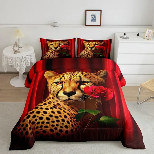 Vista 22 de Erosebridal Juego de ropa de cama de guepardo con rosa azul, juego de edredón con estampado de leopardo y gato, edredón romántico de plumón