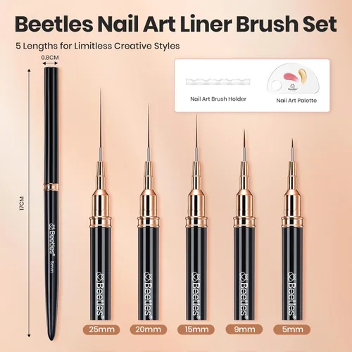 Vista 2 de Beetles - Pinceles delineadores para uñas 5 unidades - Pinceles metálicos para arte de uñas, pinceles negros para arte de uñas, tamaños 5/9/15/20/25