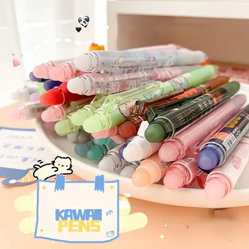 Vista 5 de 6 bolígrafos kawaii borrables con borradores, bonitos bolígrafos de gel con estampado de dibujos animados kawaii de 0.020 in, bolígrafos de tinta